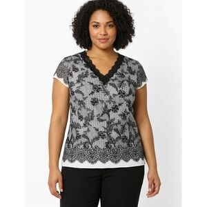 Vintage Dana Buchman XL Black Gray Floral Artsy Lace Stretch Mesh Nylon Top